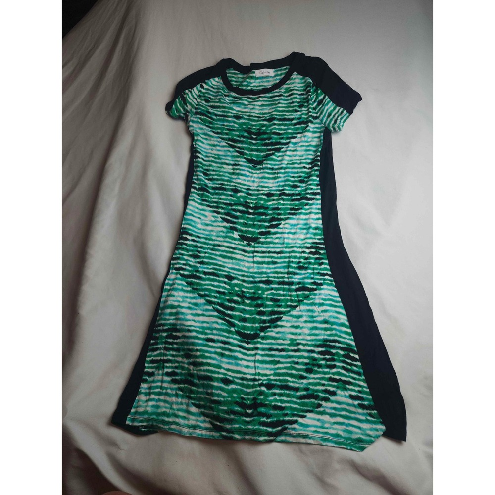 Calvin Klein Green White Striped T-Shirt Dress Black Side Panels Womens XS